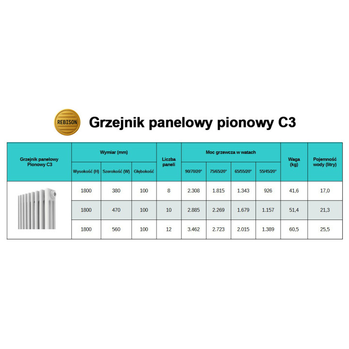 Grzejnik pionowy panelowy C3 - 1800 czarny - podłączenie dolne lewe / dolne prawe 7